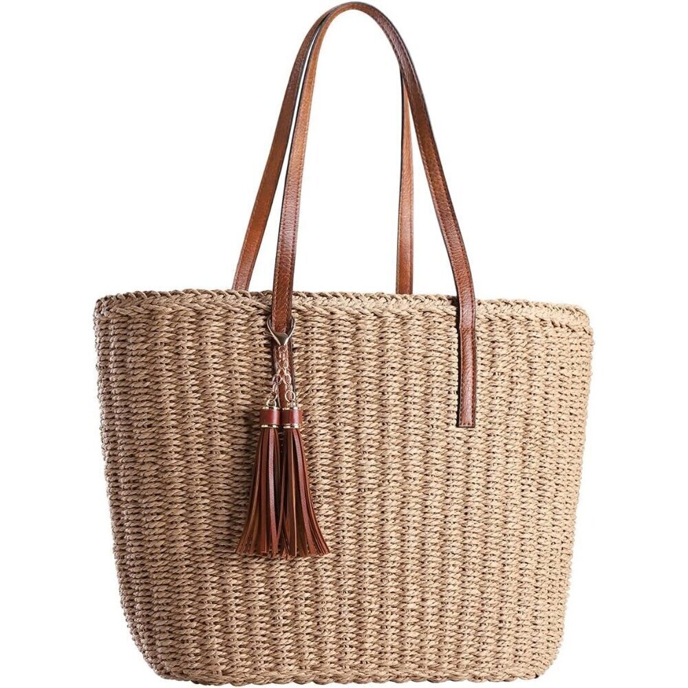 Women's Light Brown Large Straw Travel Beach Tote Handmade Shoulder Bag